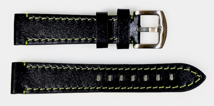 22 мм, ВОСТОК, ремешок АВИАТОР, телячья кожа, черный, зеленая строчка (LD22-06)