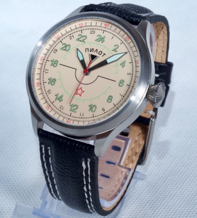 Российские 24-часовые авиационные часы "ПИЛОТ" от TRIUMPH  с механизмом "РАКЕТА", нержавеющая сталь, ø45 мм