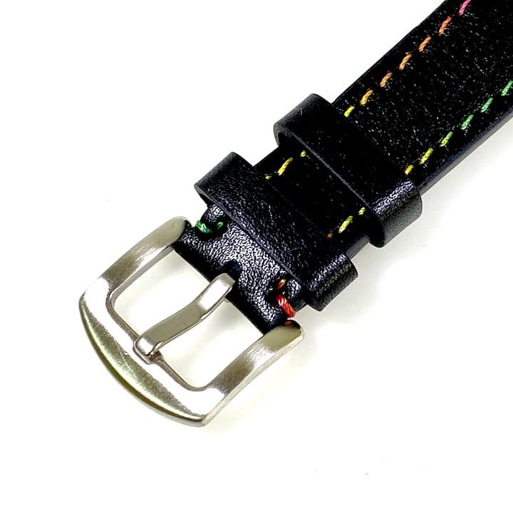 22 мм, ВОСТОК, ремешок АВИАТОР, телячья кожа, черный, разноцветная строчка (LD22-08)