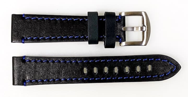 22 мм, ВОСТОК, ремешок АВИАТОР, телячья кожа, черный, синяя строчка (LD22-04)