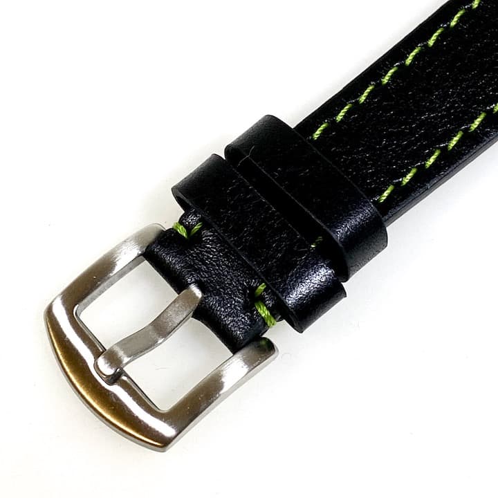 22 мм, ВОСТОК, ремешок АВИАТОР, телячья кожа, черный, зеленая строчка (LD22-06)