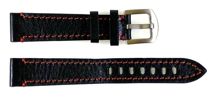 22 мм, ВОСТОК, ремешок АВИАТОР, телячья кожа, черный, красная строчка (LD22-05)