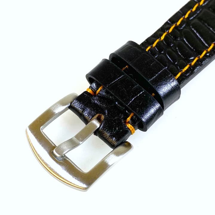 20 мм, ВОСТОК, ремешок АВИАТОР, телячья кожа, имитация кожи крокодила, черный с оранжевой строчкой (LD20-10)