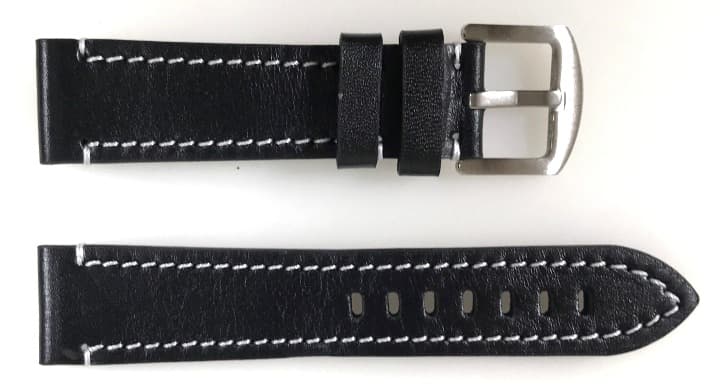 22 мм, ВОСТОК, ремешок АВИАТОР, телячья кожа, черный с белой строчкой (LD22-02)