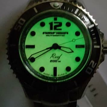 Автоматические дайверские часы "AMFIBIA REEF" от Vostok, циферблат люминесценции, водонепроницаемость 200 м, нержавеющая сталь, полированная, ø42мм