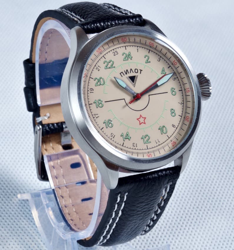 Российские 24-часовые авиационные часы "ПИЛОТ" от TRIUMPH  с механизмом "РАКЕТА", нержавеющая сталь, ø45 мм