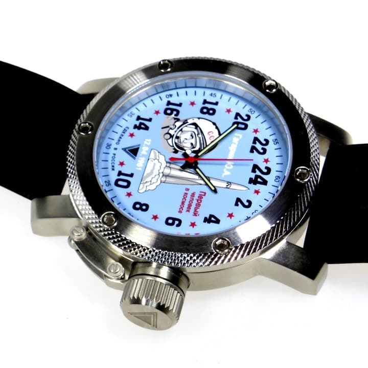 24-часовые часы "ЮРИЙ ГАГАРИН" от TRIUMPH с механизмом RAKETA, нержавеющая сталь, матовый корпус, водонепроницаемость 100 м, ø47 мм