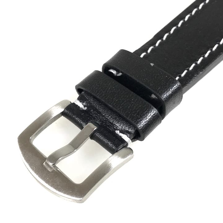 22 мм, ВОСТОК, ремешок АВИАТОР, телячья кожа, черный с белой строчкой (LD22-02)