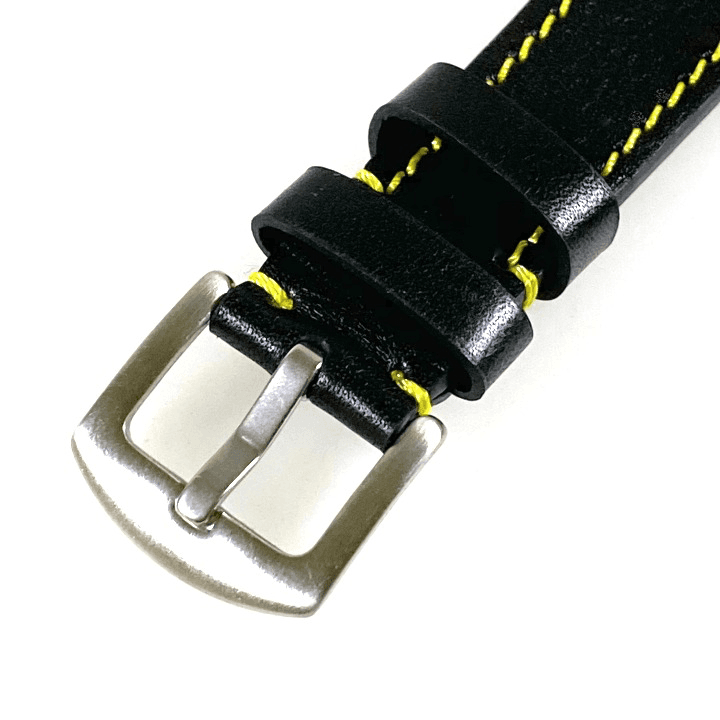 18 мм, ВОСТОК, ремешок АВИАТОР, телячья кожа, черный с желтой строчкой (LD18-04)