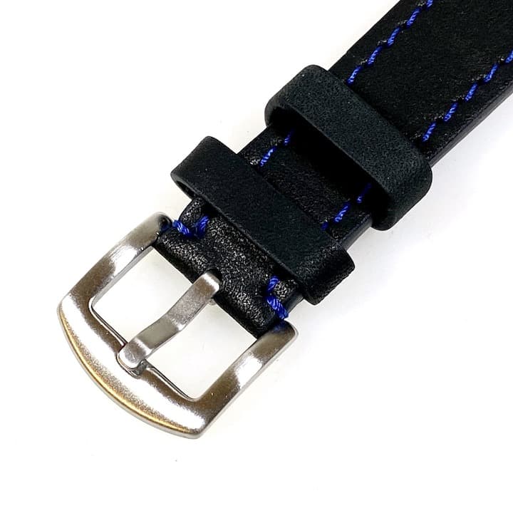 22 мм, ВОСТОК, ремешок АВИАТОР, телячья кожа, черный, синяя строчка (LD22-04)