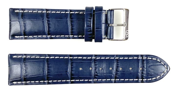 22 мм, оригинальный черный кожаный ремешок от VOSTOK, синий, белая строчка (LD22-01)